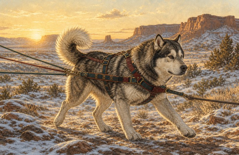 An Alaskan Malamute in a working harness, pulling in the snowy desert Southwest at sunrise